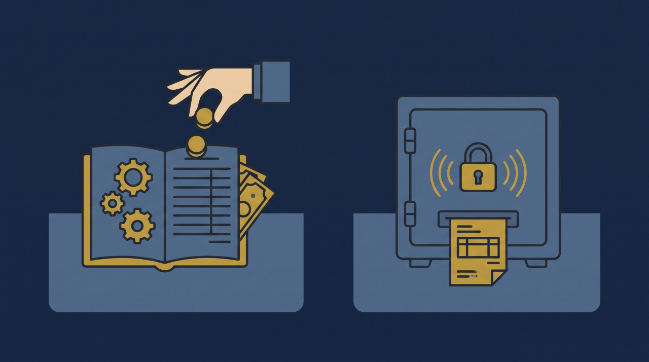 Flat vector graphic comparing open credit collection ledger vs confidential digital bank account for invoice discounting.