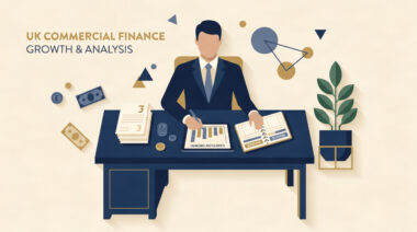 Flat vector illustration of a UK business executive analyzing invoice ledgers and cash flow growth charts.
