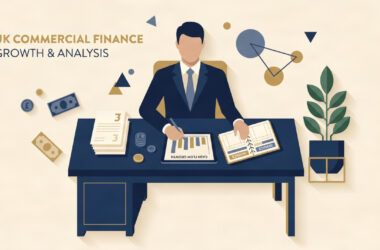 Flat vector illustration of a UK business executive analyzing invoice ledgers and cash flow growth charts.