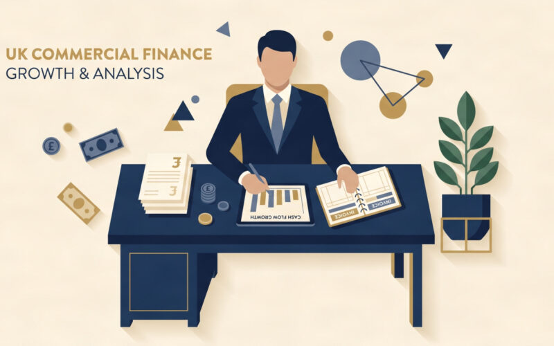 Flat vector illustration of a UK business executive analyzing invoice ledgers and cash flow growth charts.
