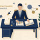 Flat vector illustration of a UK business executive analyzing invoice ledgers and cash flow growth charts.