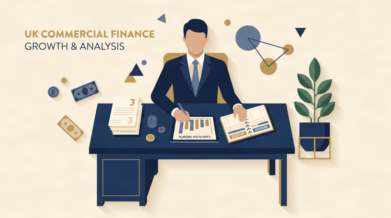 Flat vector illustration of a UK business executive analyzing invoice ledgers and cash flow growth charts.