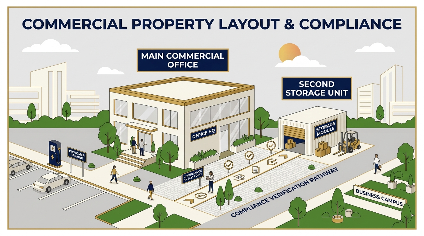 Flat illustration showing a multi-premises business rates exemption flowchart for UK commercial property