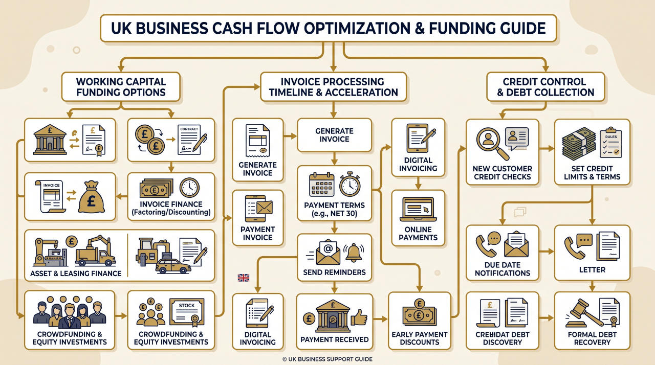 Vector illustration of a business cash flow decision flowchart for UK small and medium enterprises.