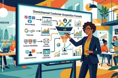 Flat vector editorial illustration of an energetic UK business founder analyzing omnichannel customer acquisition funnels