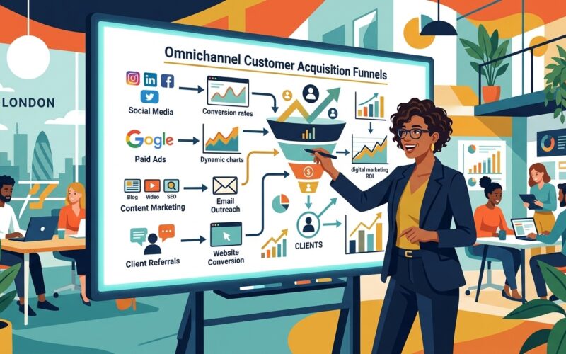 Flat vector editorial illustration of an energetic UK business founder analyzing omnichannel customer acquisition funnels