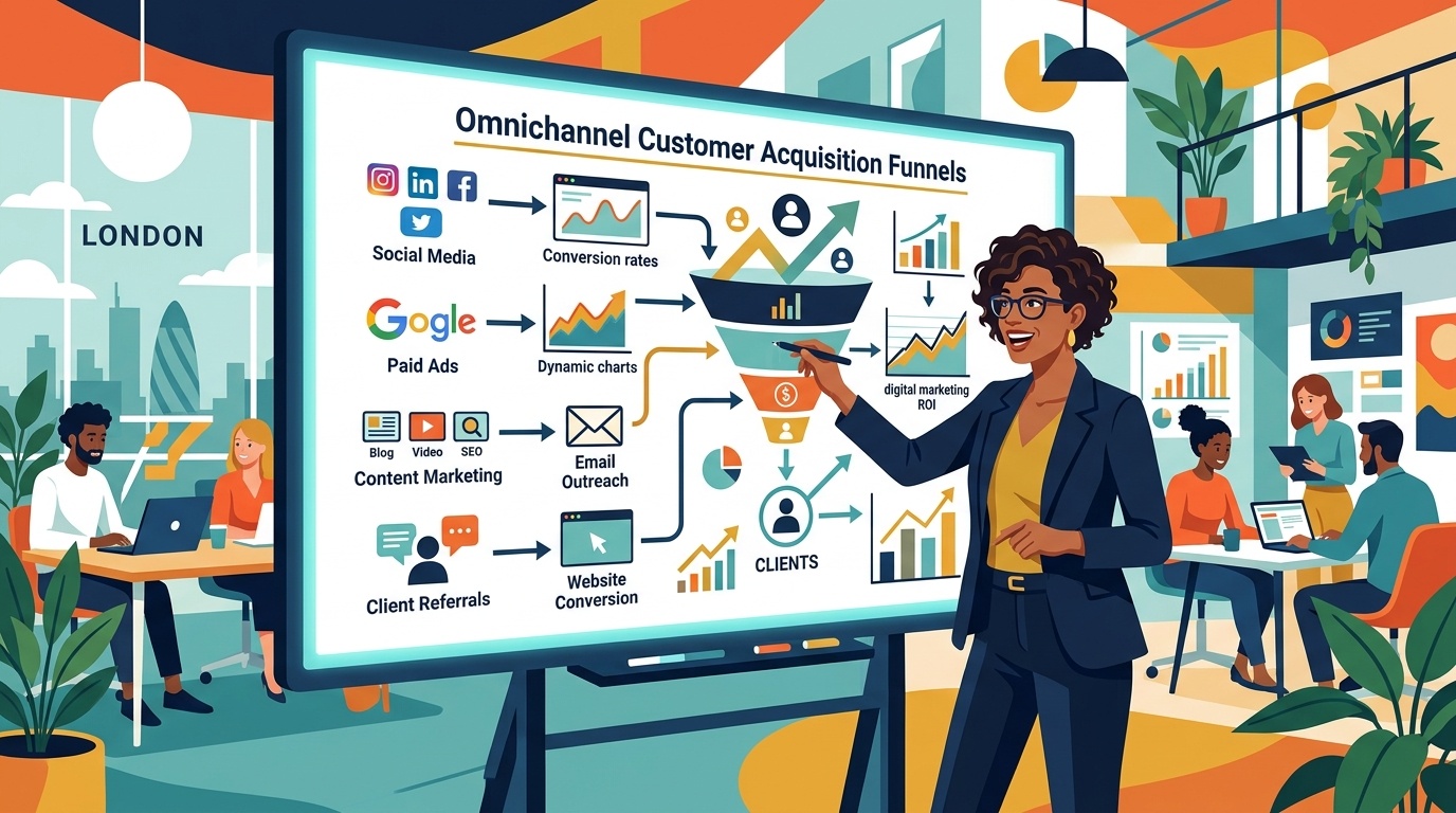 Flat vector editorial illustration of an energetic UK business founder analyzing omnichannel customer acquisition funnels