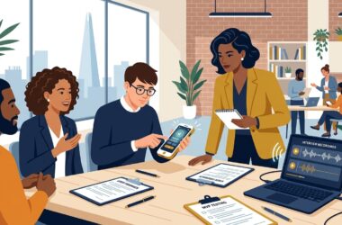Flat vector editorial illustration of a UK entrepreneur testing an MVP prototype with customers and reviewing user feedback