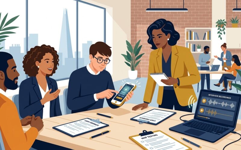 Flat vector editorial illustration of a UK entrepreneur testing an MVP prototype with customers and reviewing user feedback