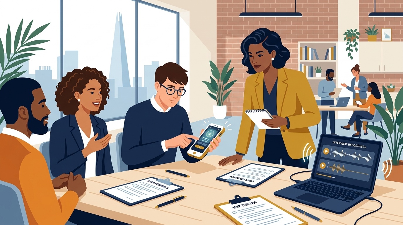 Flat vector editorial illustration of a UK entrepreneur testing an MVP prototype with customers and reviewing user feedback
