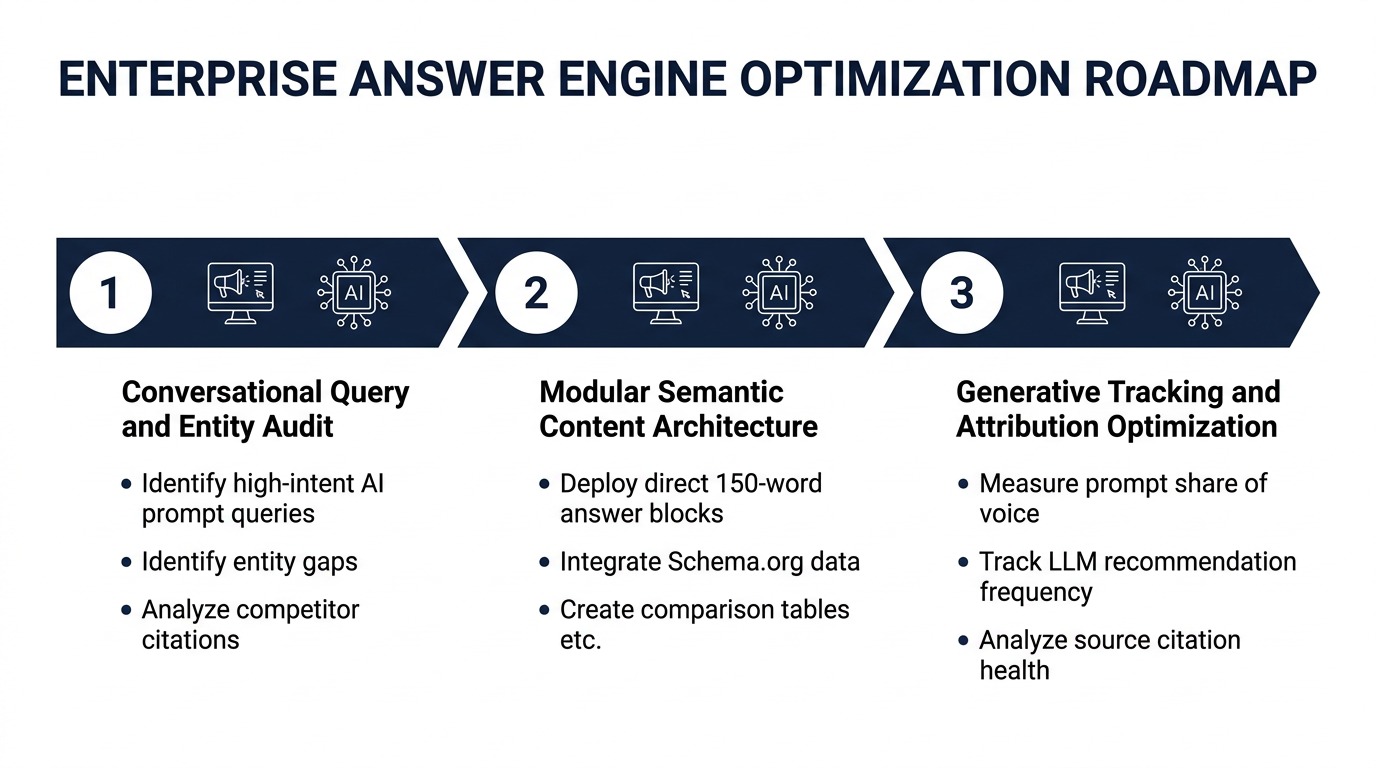 Step-by-step roadmap for executing an enterprise Answer Engine Optimization strategy across semantic audits, modular structuring, and AI monitoring
