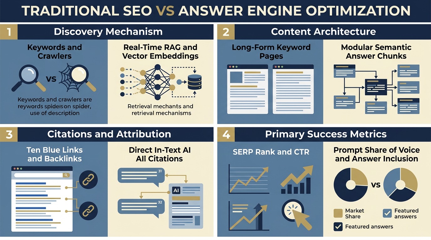 Comparison matrix between traditional Google SEO and Answer Engine Optimization AEO across query intent, indexing, content structure, and metrics