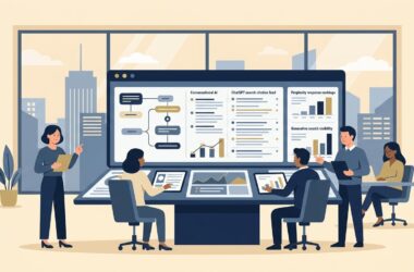 Answer engine optimization strategy guide showing digital marketing executives analyzing AI search answer engines and generative citations