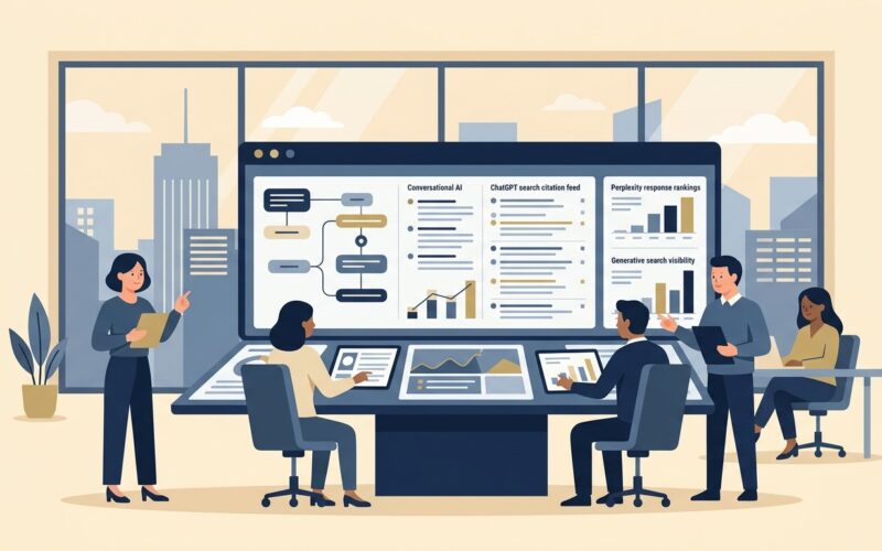 Answer engine optimization strategy guide showing digital marketing executives analyzing AI search answer engines and generative citations