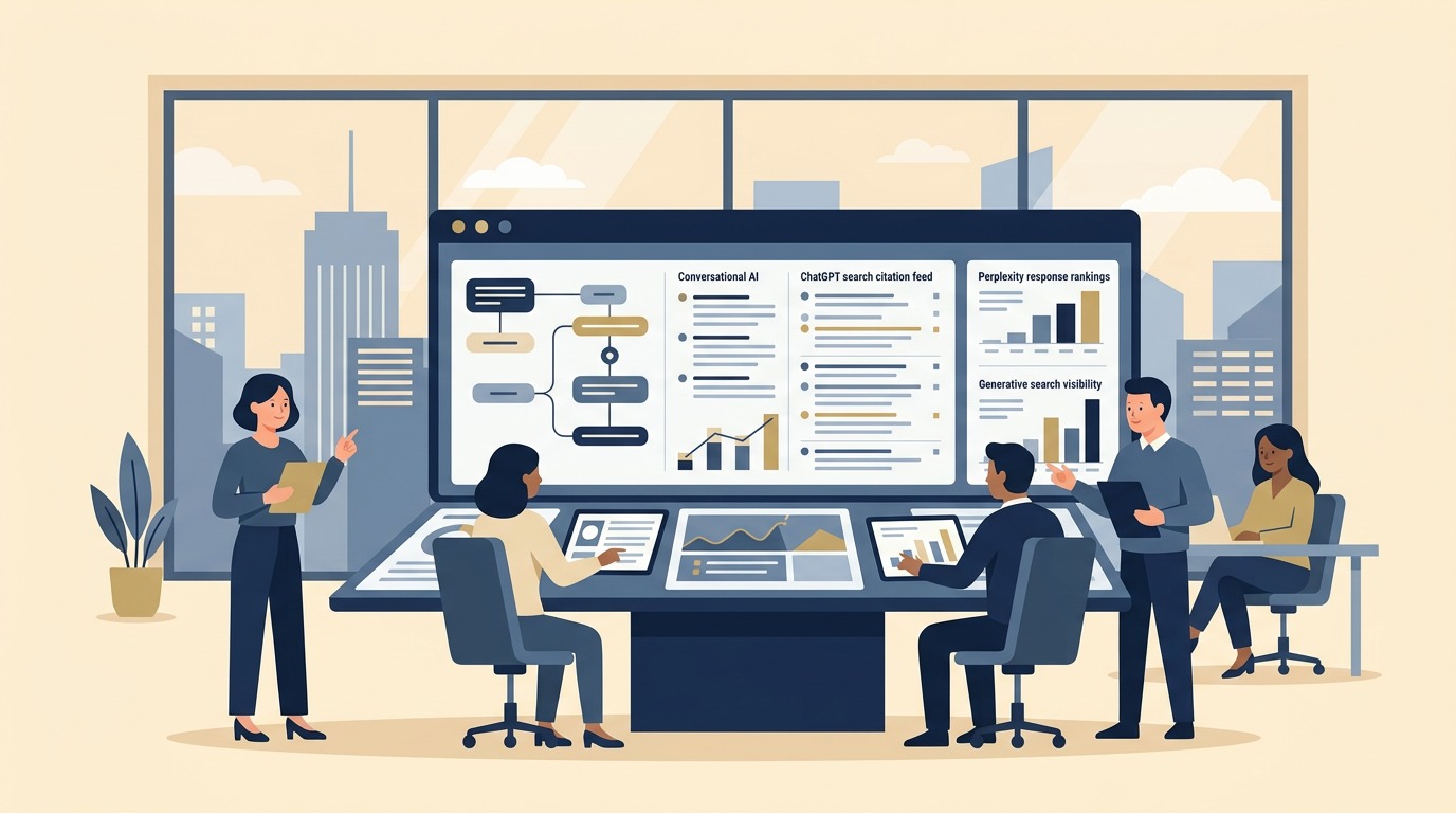 Answer engine optimization strategy guide showing digital marketing executives analyzing AI search answer engines and generative citations