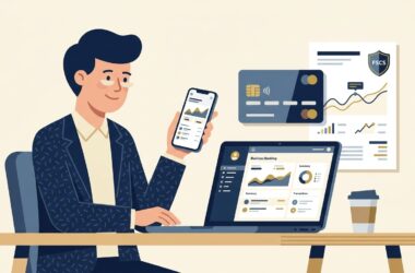 Flat vector editorial illustration of a UK business founder comparing business bank accounts and FSCS protection