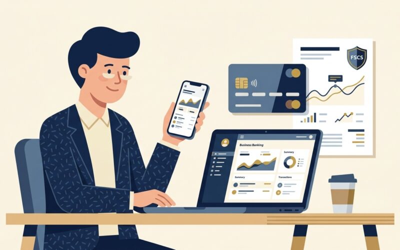 Flat vector editorial illustration of a UK business founder comparing business bank accounts and FSCS protection