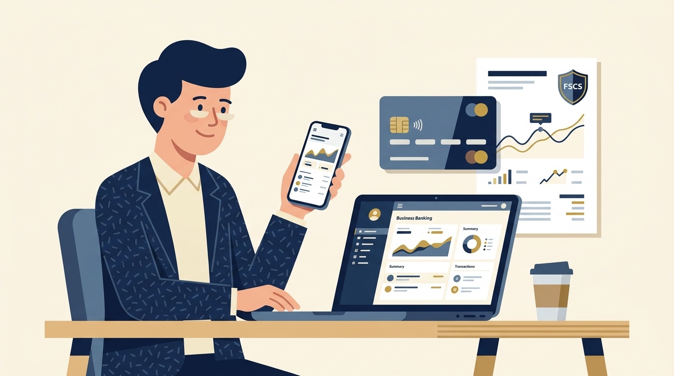 Flat vector editorial illustration of a UK business founder comparing business bank accounts and FSCS protection
