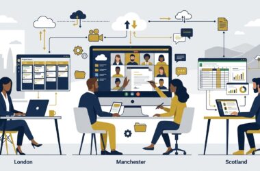 Flat vector editorial illustration of a distributed UK hybrid team collaborating across cloud software project boards and video conferencing