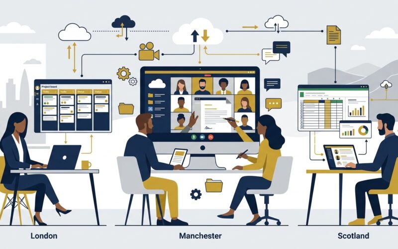 Flat vector editorial illustration of a distributed UK hybrid team collaborating across cloud software project boards and video conferencing
