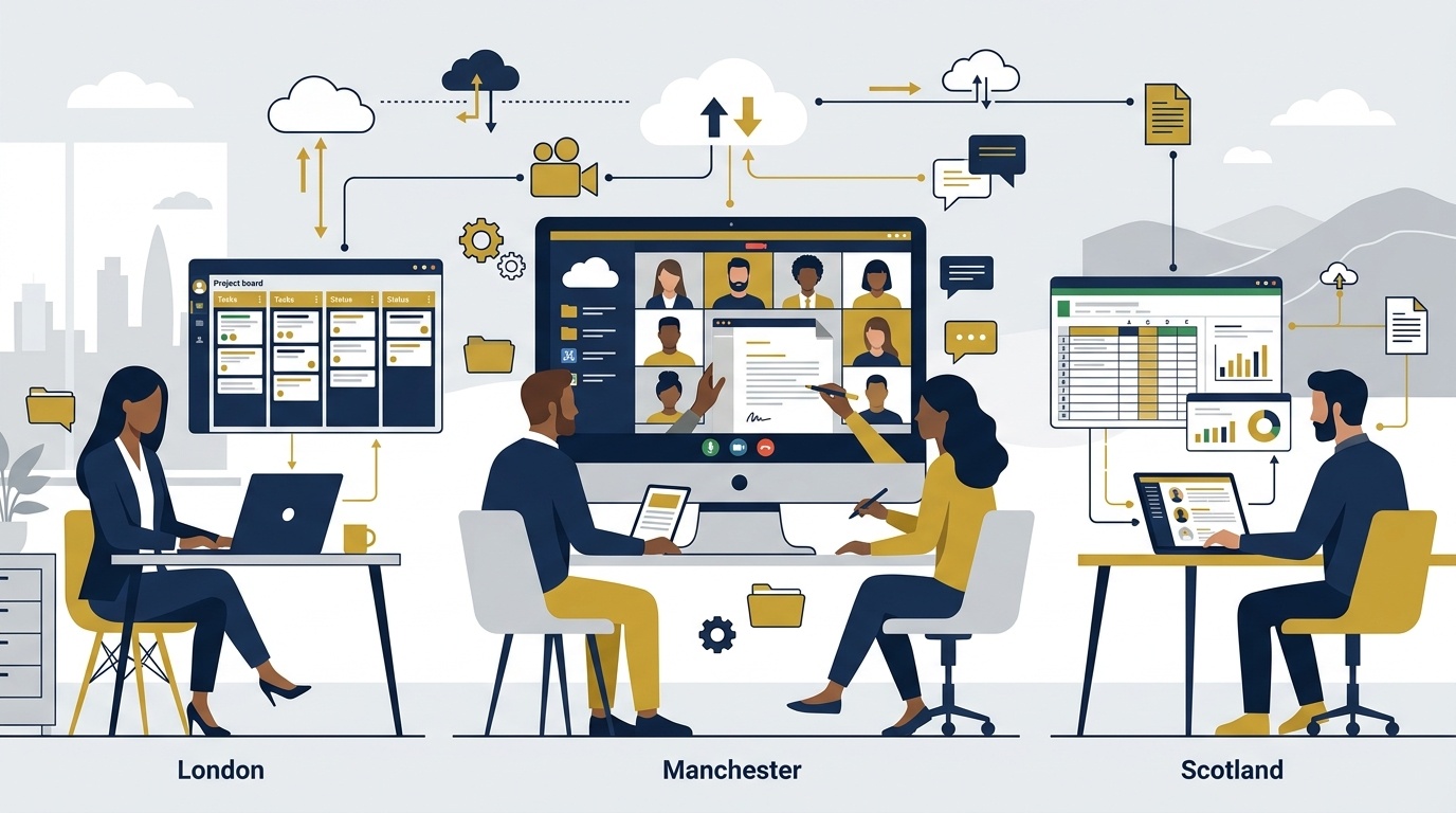 Flat vector editorial illustration of a distributed UK hybrid team collaborating across cloud software project boards and video conferencing