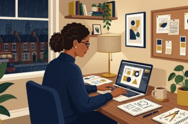 Flat vector editorial illustration of a professional working on a creative side hustle in an evening home studio
