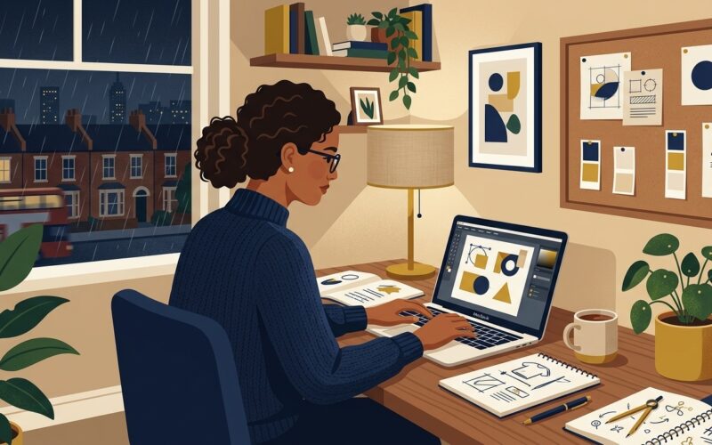 Flat vector editorial illustration of a professional working on a creative side hustle in an evening home studio