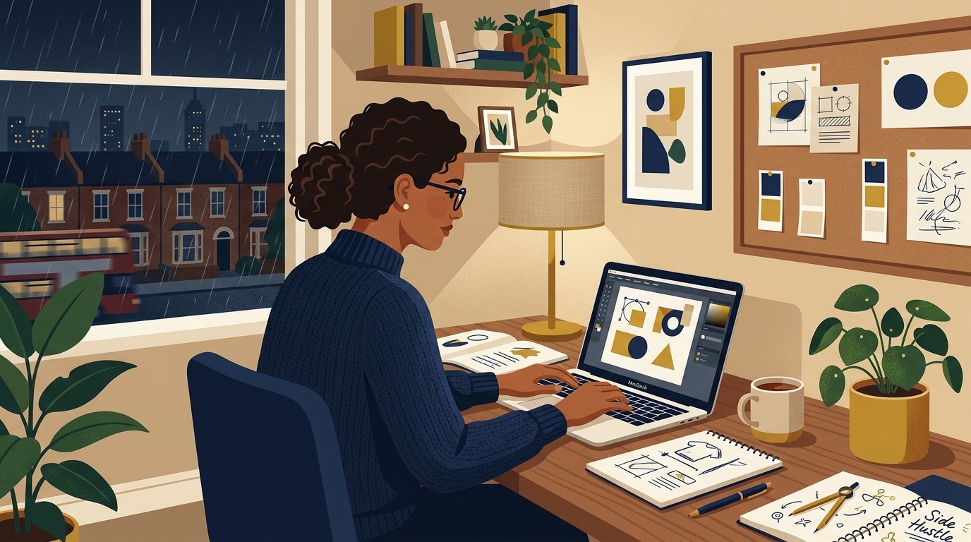 Flat vector editorial illustration of a professional working on a creative side hustle in an evening home studio