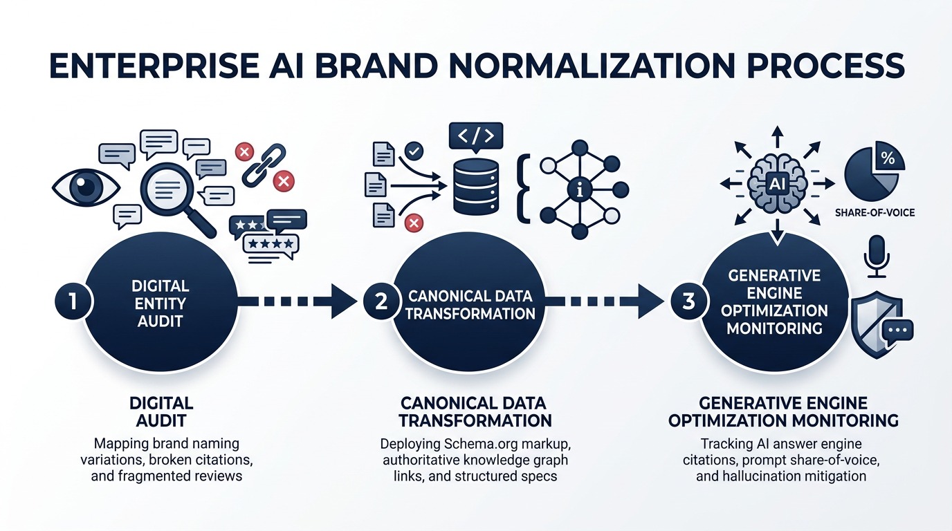 Step-by-step roadmap for implementing enterprise AI brand normalization across entity audits, data transformation, and generative engine optimization