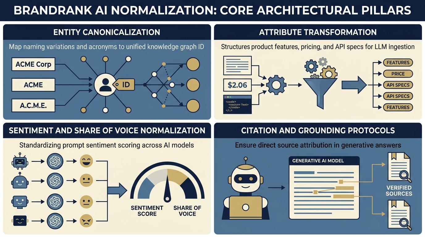 Infographic showing the 4 core pillars of BrandRank AI normalization: entity canonicalization, attribute transformation, sentiment normalization, and citation protocols