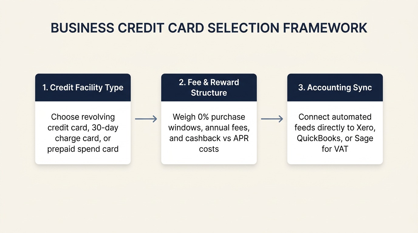 Process diagram showing the 3 steps of selecting a UK business credit card from credit structure and reward incentives to expense software integration