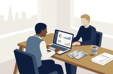 Business credit card UK guide showing a British entrepreneur reviewing commercial expense cards and cashback terms on laptop in London office
