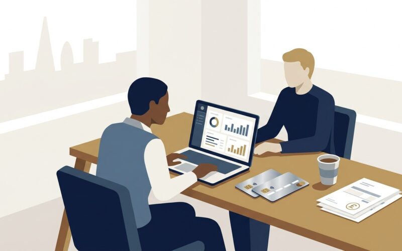 Business credit card UK guide showing a British entrepreneur reviewing commercial expense cards and cashback terms on laptop in London office