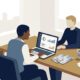 Business credit card UK guide showing a British entrepreneur reviewing commercial expense cards and cashback terms on laptop in London office