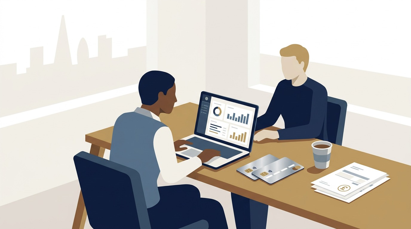 Business credit card UK guide showing a British entrepreneur reviewing commercial expense cards and cashback terms on laptop in London office