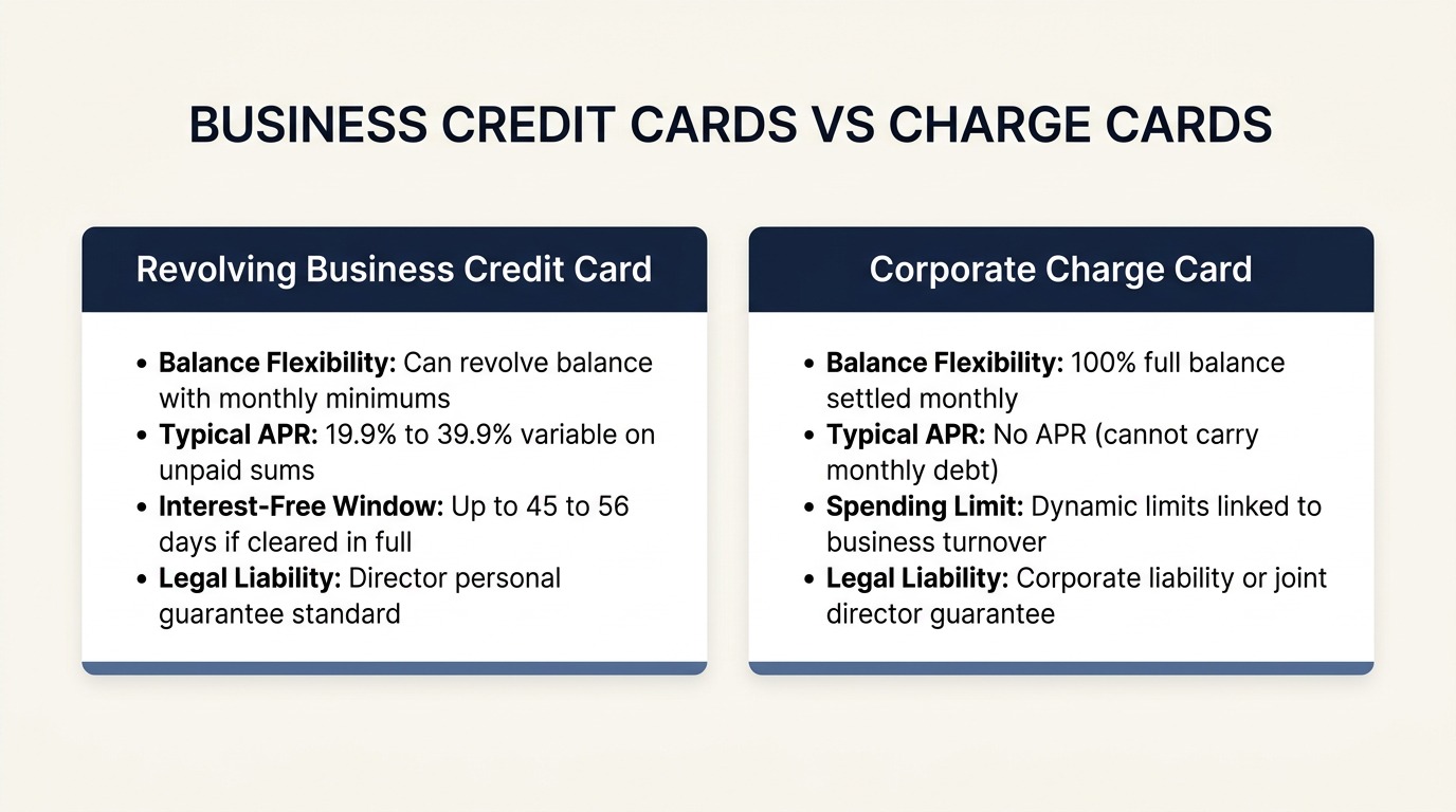 Comparison matrix showing differences between business credit cards, corporate charge cards, and personal credit cards under UK regulations