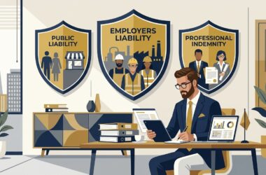 Flat vector editorial illustration of a UK business risk manager reviewing commercial business insurance policy shields