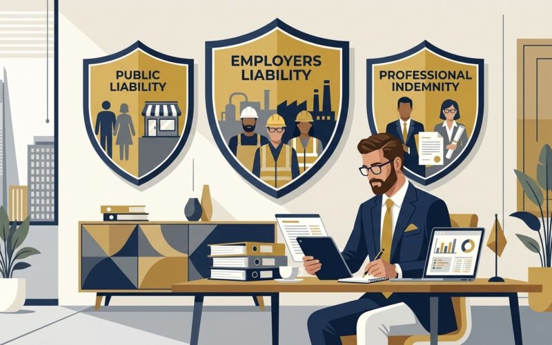 Flat vector editorial illustration of a UK business risk manager reviewing commercial business insurance policy shields