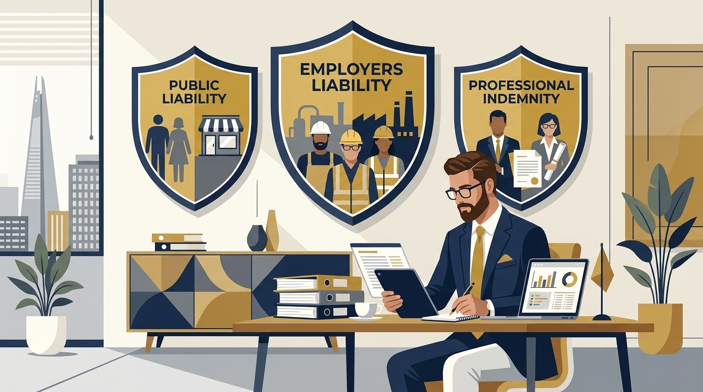 Flat vector editorial illustration of a UK business risk manager reviewing commercial business insurance policy shields