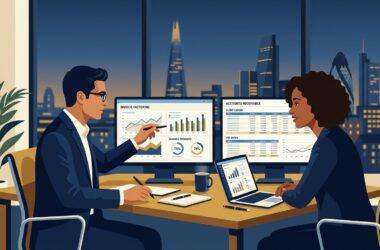 Flat vector editorial illustration of a financial controller and business founder reviewing invoice factoring advance ledgers on dual monitors