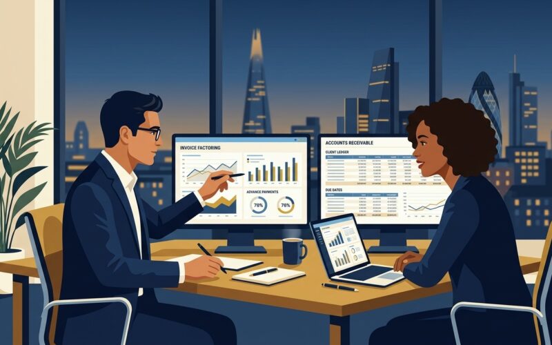 Flat vector editorial illustration of a financial controller and business founder reviewing invoice factoring advance ledgers on dual monitors