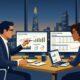 Flat vector editorial illustration of a financial controller and business founder reviewing invoice factoring advance ledgers on dual monitors