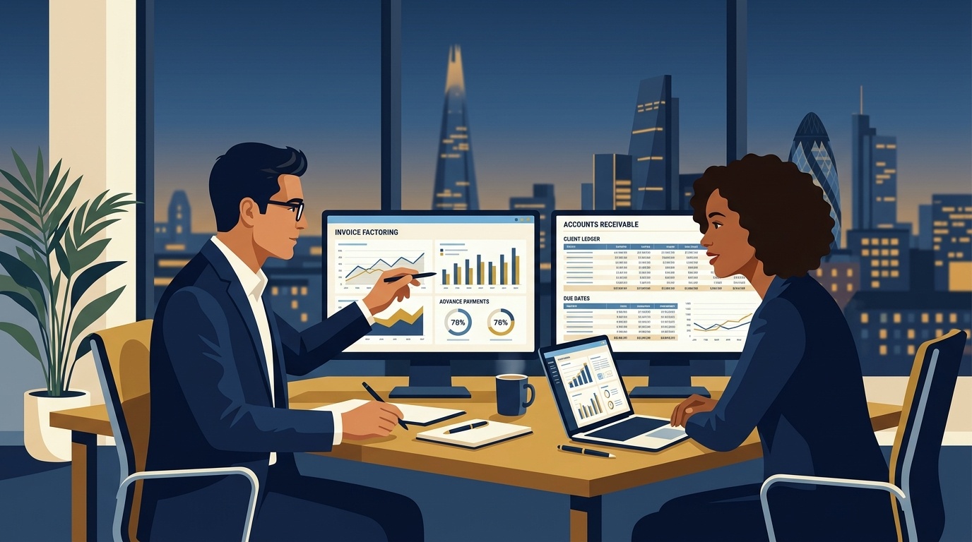 Flat vector editorial illustration of a financial controller and business founder reviewing invoice factoring advance ledgers on dual monitors
