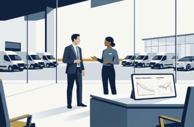 Business vehicle finance UK guide showing a British company director reviewing commercial van and executive fleet financing options on laptop