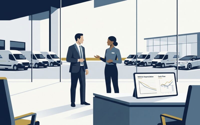 Business vehicle finance UK guide showing a British company director reviewing commercial van and executive fleet financing options on laptop