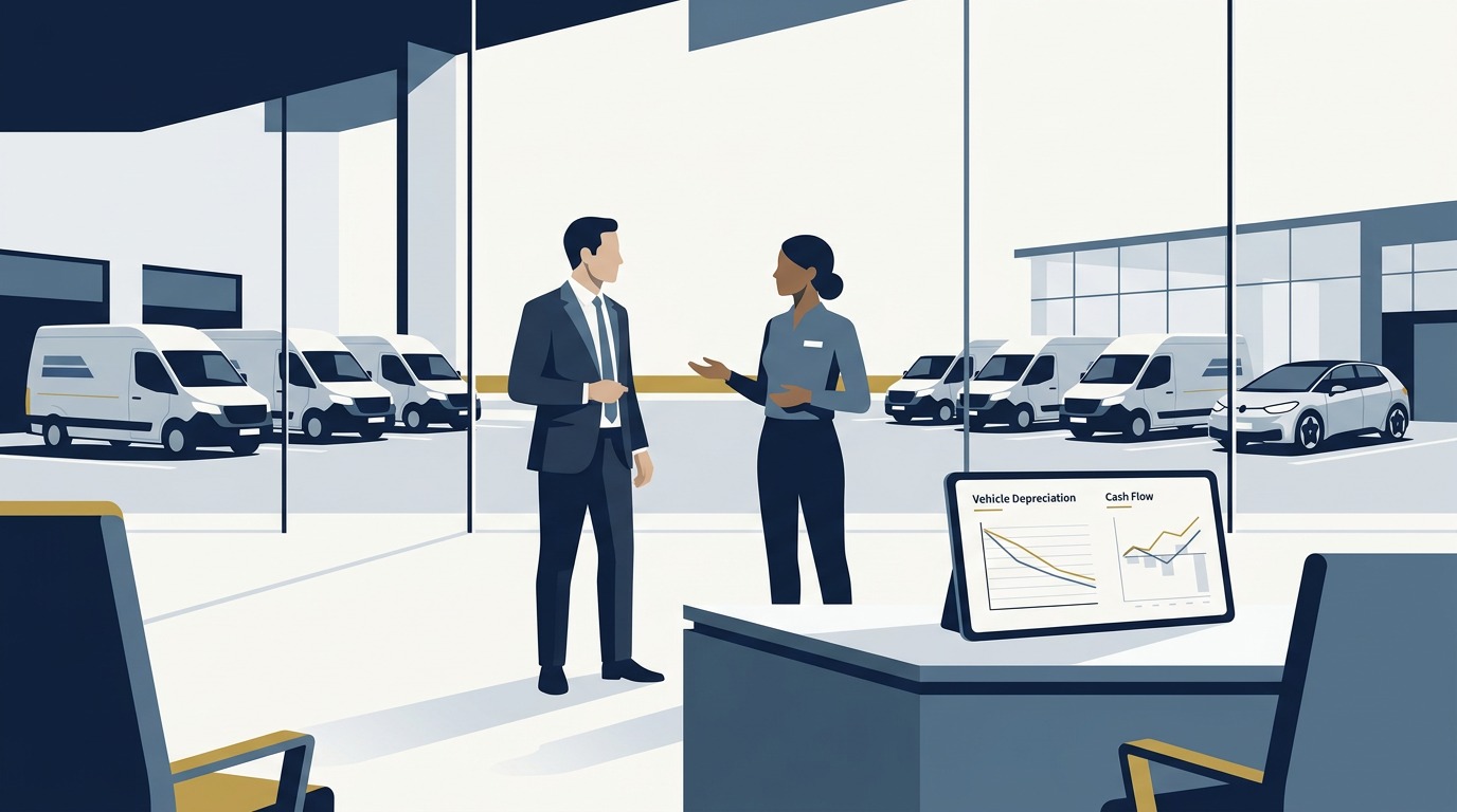 Business vehicle finance UK guide showing a British company director reviewing commercial van and executive fleet financing options on laptop