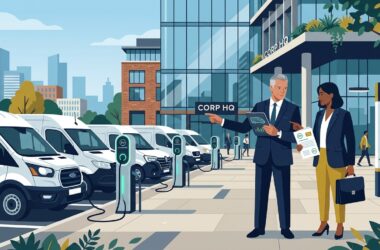 Fleet director and finance manager reviewing a leased electric van fleet outside an office