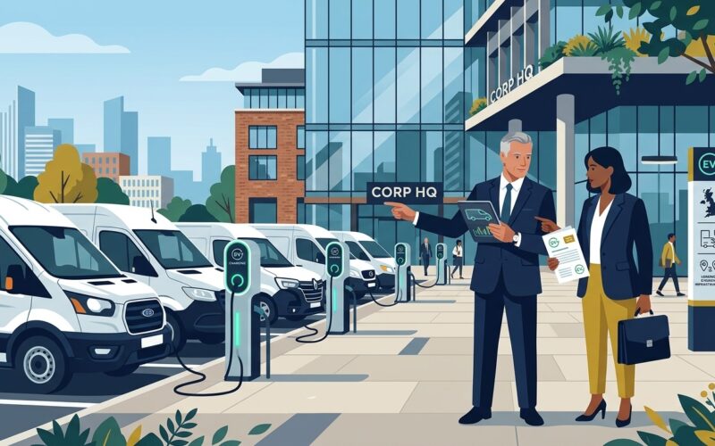 Flat vector editorial illustration of a fleet director and finance manager reviewing commercial electric van fleet leasing outside a corporate office