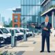 Flat vector editorial illustration of a fleet director and finance manager reviewing commercial electric van fleet leasing outside a corporate office