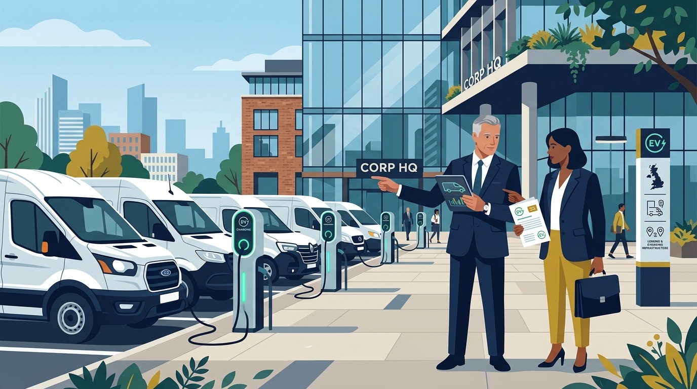 Flat vector editorial illustration of a fleet director and finance manager reviewing commercial electric van fleet leasing outside a corporate office